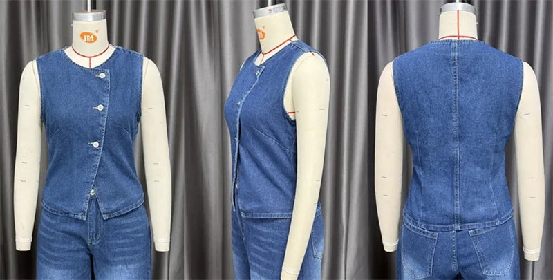 Streetwear Denim 2 Piece Sets Women Outfit Spring Summer Women 2025 Sleeveless Vest Top Wide Leg Pants Sets Jeans Two Piece Set