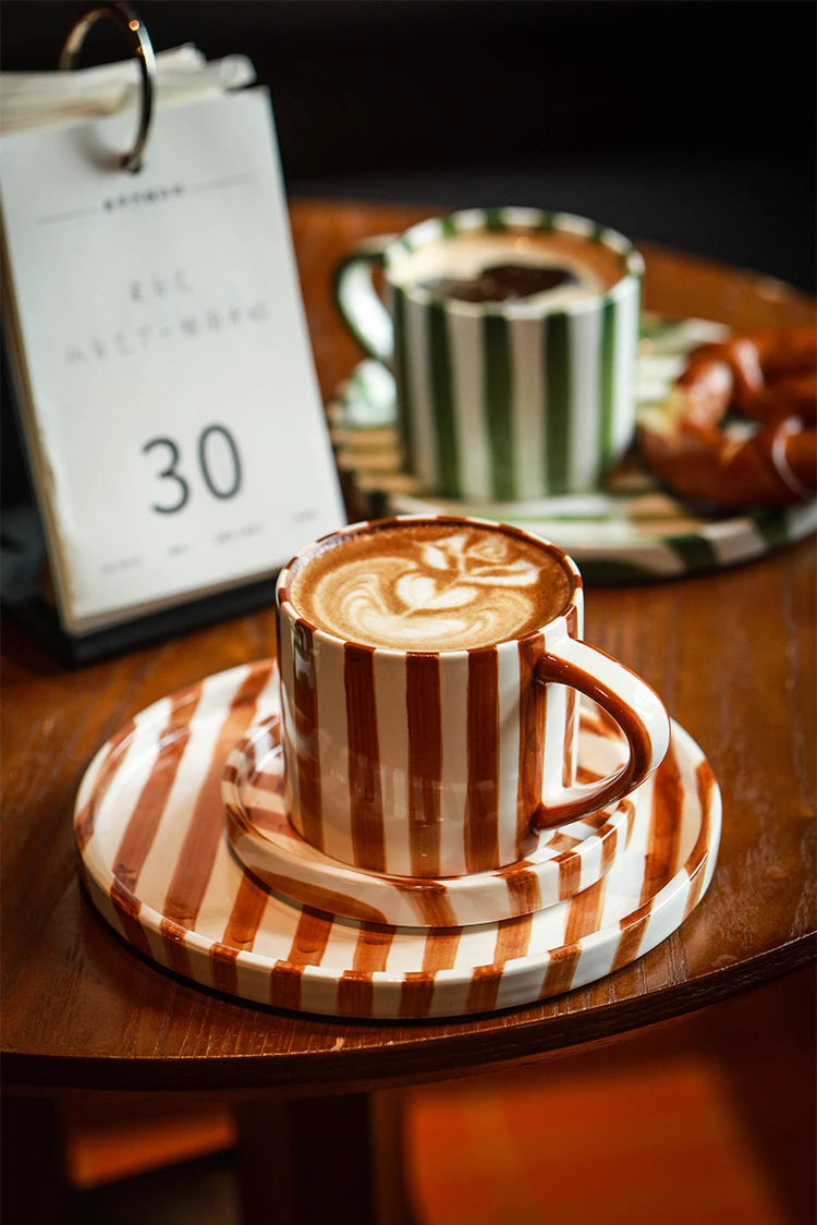 European Striped Ceramic Coffee Cup Saucer Modern Breakfast Dessert Plate Tea Cup Decorative Art Striped Coffee Cup 200 Ml Decor