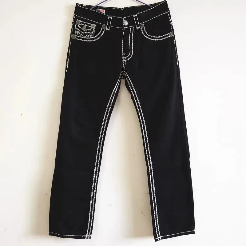 European American New Fashion Men's Black White Casual Trendy Simple Basic Straight Plus Size Denim Trousers Male Jeans Pants