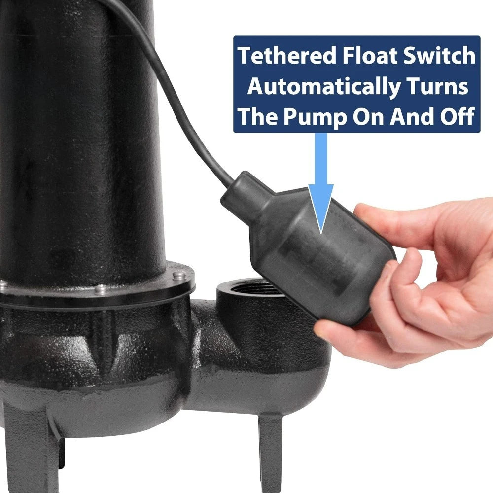 Cast Iron Tethered Float Switch Sewage Pump with Basin Kit, 1/2 HP, Black