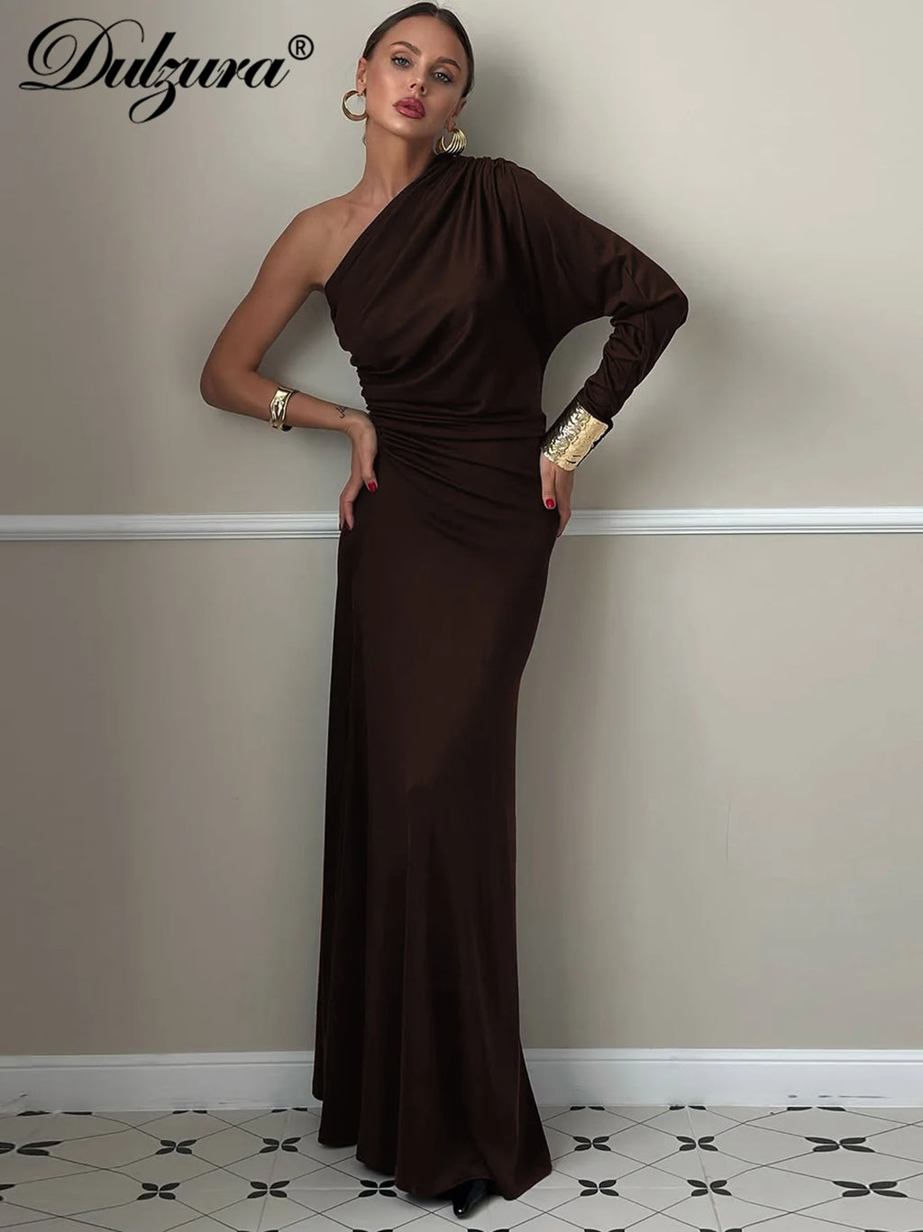 Dulzura One-Shoulder Long Sleeve Slim Fit Ruched Long Dress Women'S Solid Sexy Elegant Clothes Evening Party Club Autumn Clothes