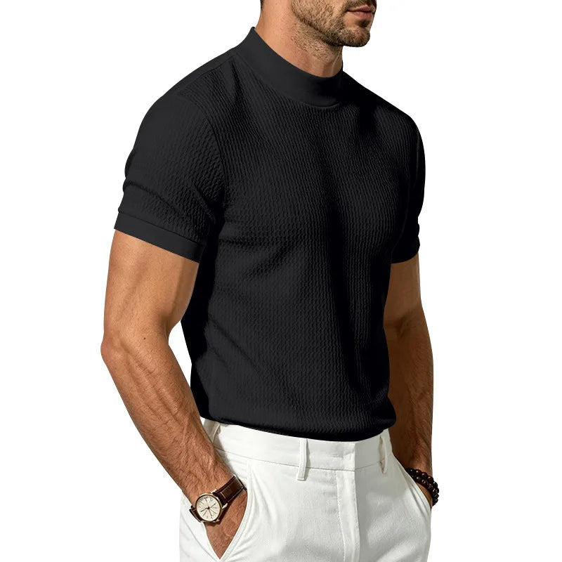 Men Summer Solid Jacquard Textured Mock Neck Short Sleeve T Shirt Slim Fit Simple Versatile Casual Daily Male Basic Tees