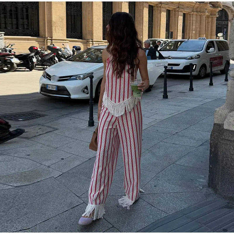 Halter Vertical Striped Fringe Two Piece Set Sleeveless Tank Top Loose Wide Leg Pants Women 2026 Summer Holiday Beach Chic Suit