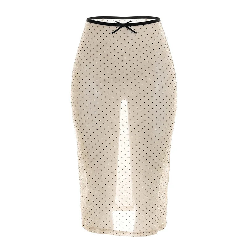 Summer Women Polka Dot Perspective Mesh Skirt Sexy High Waist Sheer See Through Midi Skirt Fashion Elegant Half Dress