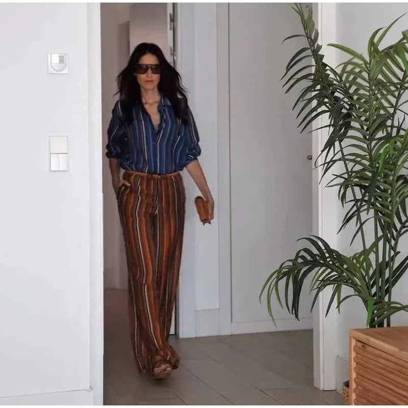 Vacation Geometric Printed Loose Pants Set Women Lapel Full Sleeve Pocket Shirts Wide Leg Pant Suits 2026 Autumn Street Outfit