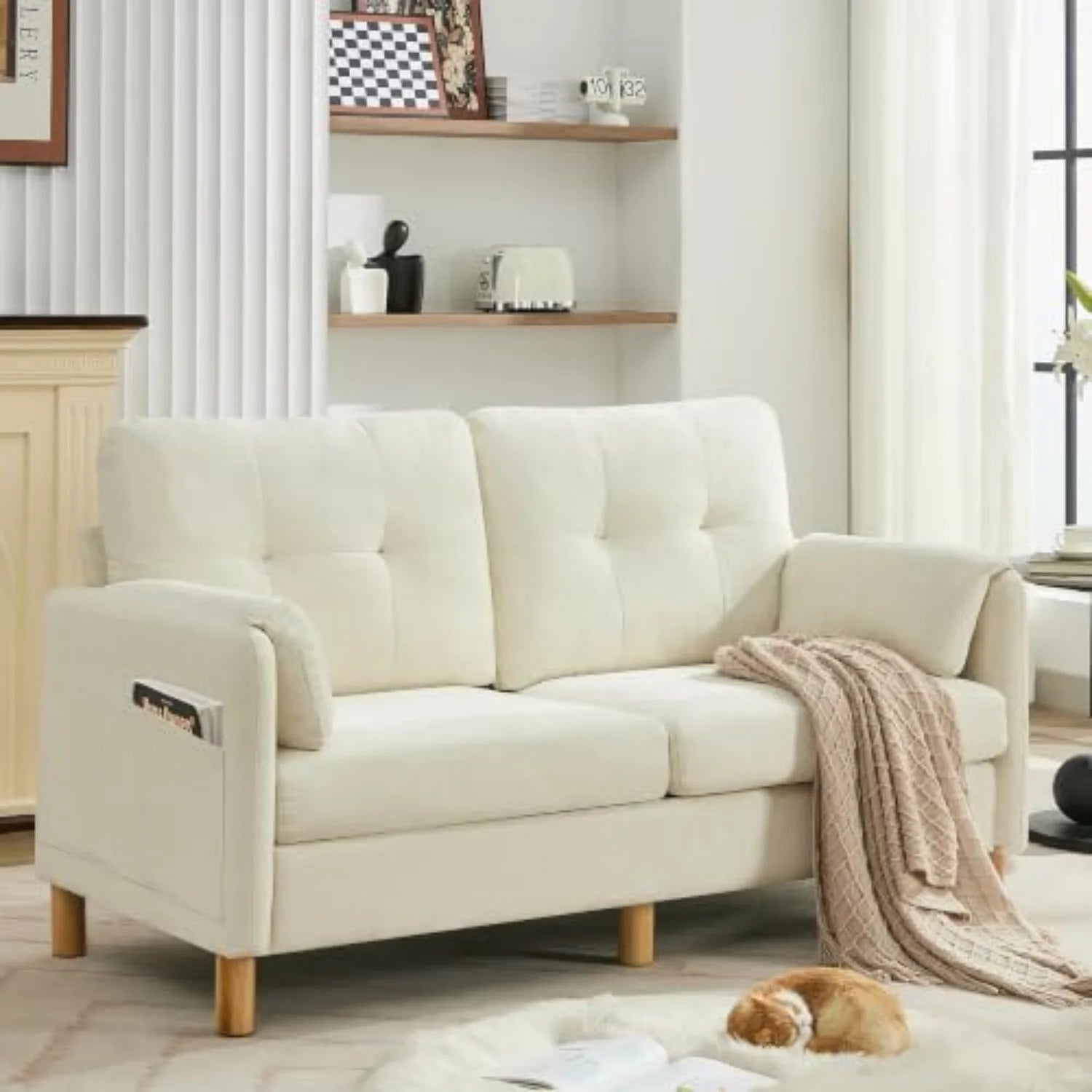 65 Inch Beige Chenille Mid Century Modern Loveseat Sofa with Padded Arms and Storage Pockets for Living Room