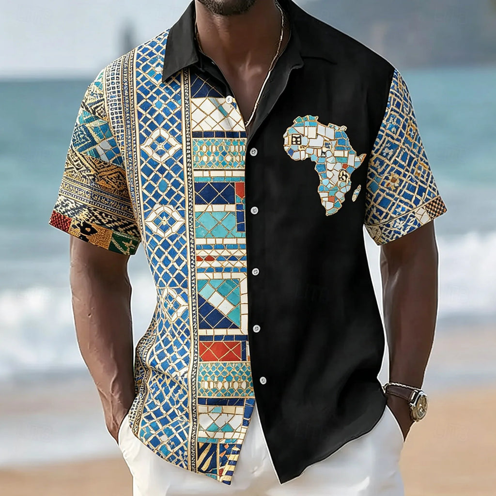 Men's African Map Mosaic Print Short Sleeve Shirt Ethnic Geometric Pattern Casual Button Down Top for Spring & Summer