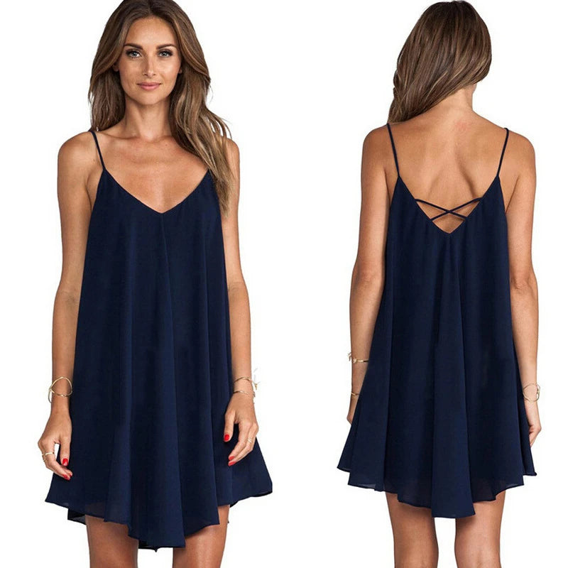 Women's New Loose Size Women's Solid Color Chiffon Dress European and American Sexy Sling Dress