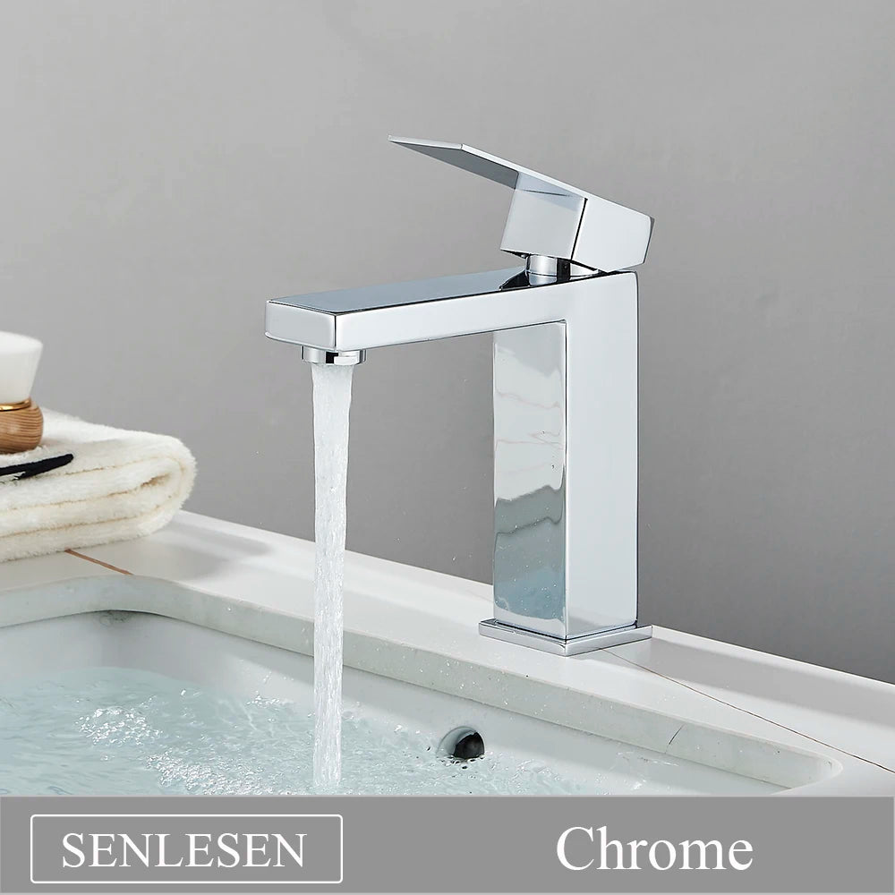 Senlesen Brushed Gold Bathroom Faucet Basin Faucets Deck Mounted Sink Mixer Tap Stainless Steel Countertop Hot Cold Water Crane