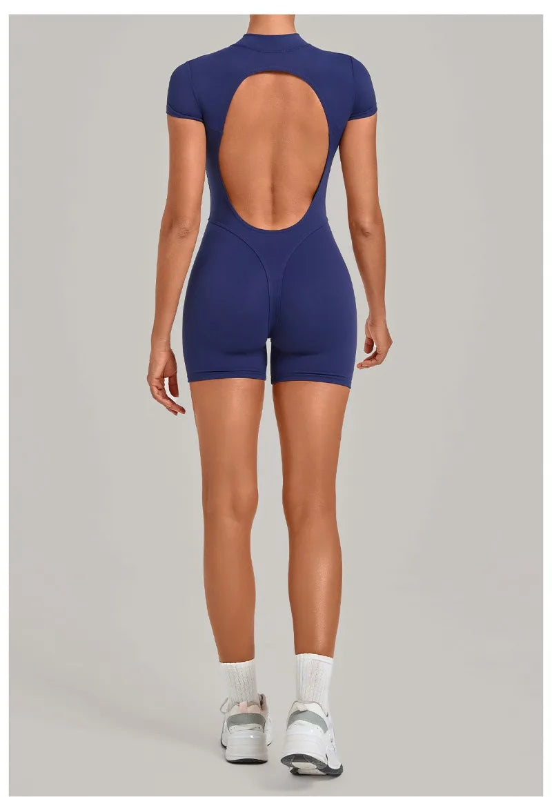Women's Seamless Yoga Jumpsuits Sports Fitness Hip-lifting Short-sleeved Backless Training Workout Gym Shorts One-piece