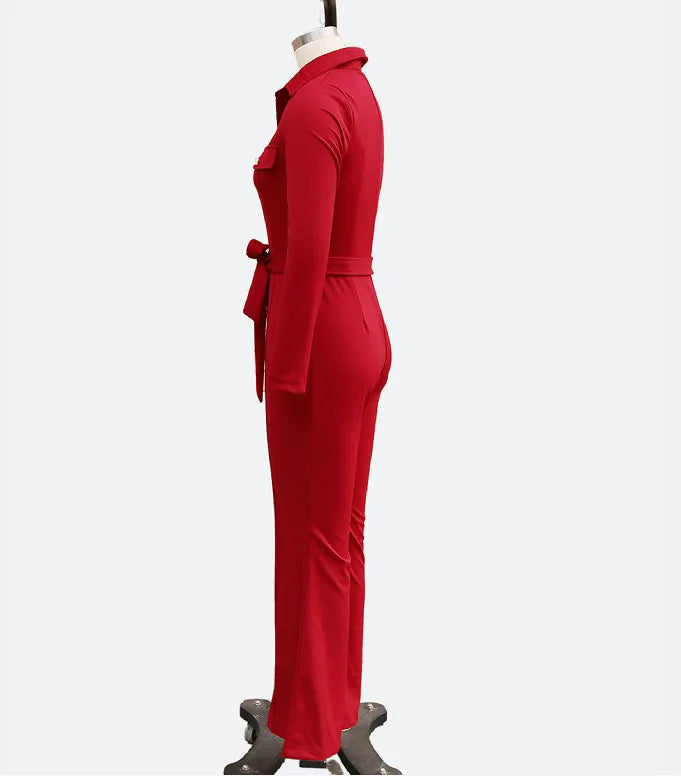 Women's Autumn Winter Elegant Turn Collar Long-Sleeve Shirt Jumpsuit Rompers