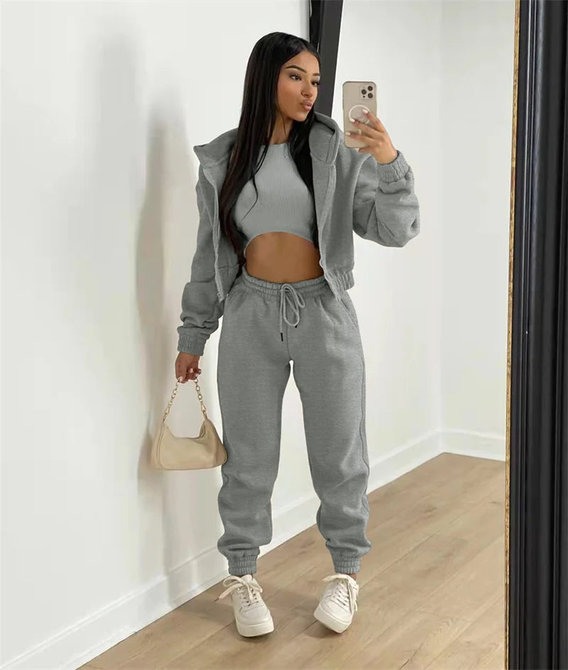 Active Wear 3 Piece Sets Womens Outfits Tracksuit Hooded Jacket Top + Vest + Sweatpants Sporty Suit Fitness Casual Matching Sets