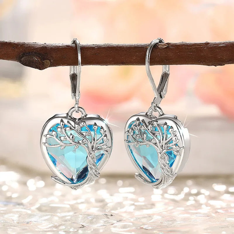 925 Sterling Silver Blue Crystal Heart Zircon Earrings For Woman Vintage Tree Shaped Engagement Charm Jewelry Gift