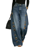 Summer 2026 New American Women Denim Pants Hollow Eyelet Wide Leg Loose Y2K Korean Vintage Streetwear Full Length Jeans