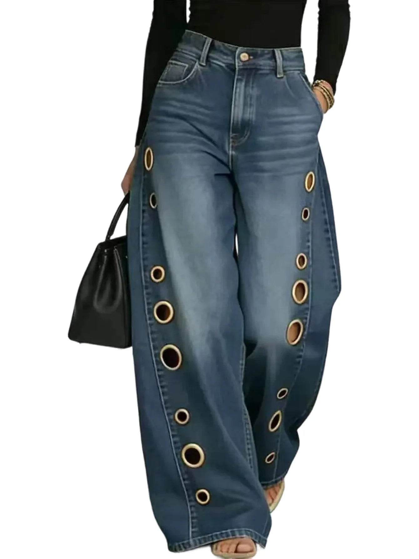 Summer 2026 New American Women Denim Pants Hollow Eyelet Wide Leg Loose Y2K Korean Vintage Streetwear Full Length Jeans