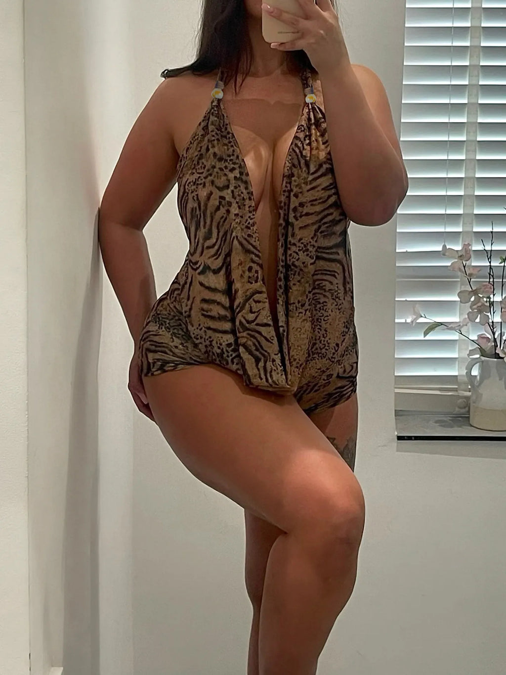 Women's Brown Sexy Vintage Fashion Off-shoulder Deep V Leopard Print Set Halter Cami + Low Waist Shorts Two-piece Outfit Summer