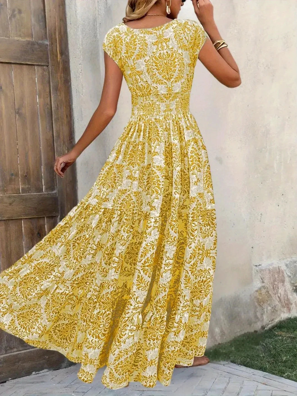 Women's Summer Retro Fashion Floral Printed Sexy V-neck Short Sleeve High Waist Medium Length Bohemian Loose Holidays Dresses
