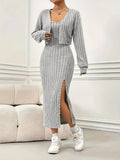 Plus Size Women 2 Piece Ribbed Knit Matching Set Long Sleeve Open Front Cropped Cardigan Spaghetti Strap Side Slit Midi Bodycon