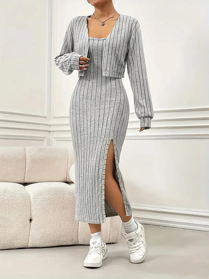 Plus Size Women 2 Piece Ribbed Knit Matching Set Long Sleeve Open Front Cropped Cardigan Spaghetti Strap Side Slit Midi Bodycon