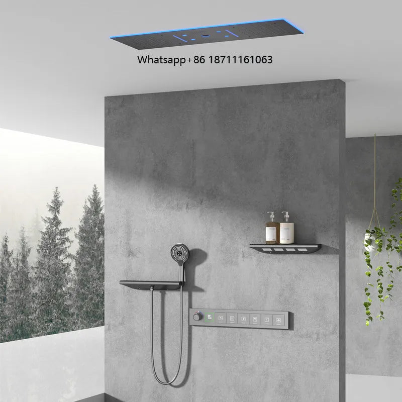 Multi-Function Concealed Shower System Single Ceramic Thermostatic Mixer Kit Massage Jets In-Wall Rainfall 6 Way Brass Brushed