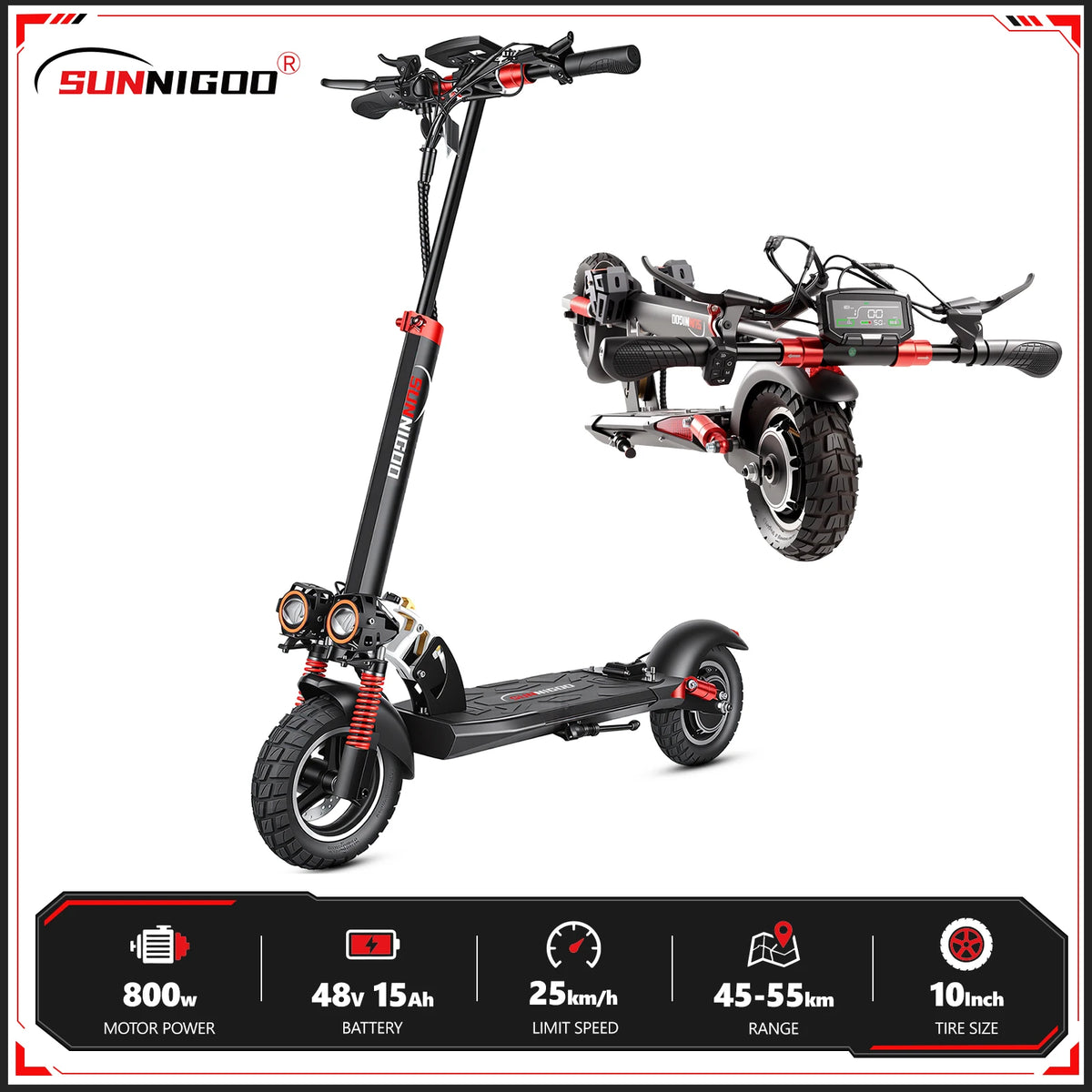 SUNNIGOO Electric Scooter for Adults With NFC Lock 48v 800w Powerful Motor Send Seat Foldable Scooter 15ah 55km Long Range