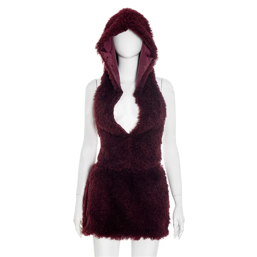 2026 Fall Winter Fashion Faux Fur 2 Piece Set Women Lace Up Backless Hooded Tank Tops + Bodycon Mini Skirts Casual Street Suits
