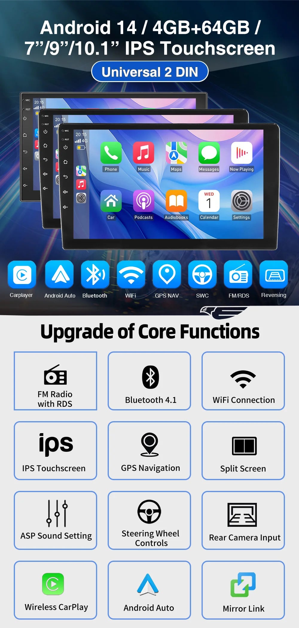 ESSGOO 7"/9"/10“ 2 DIN Android 14 4+64G Car Stereo Carplay Android Auto GPS SAT Navi Bluetooth FM RDS Radio WIFI Touchscreen