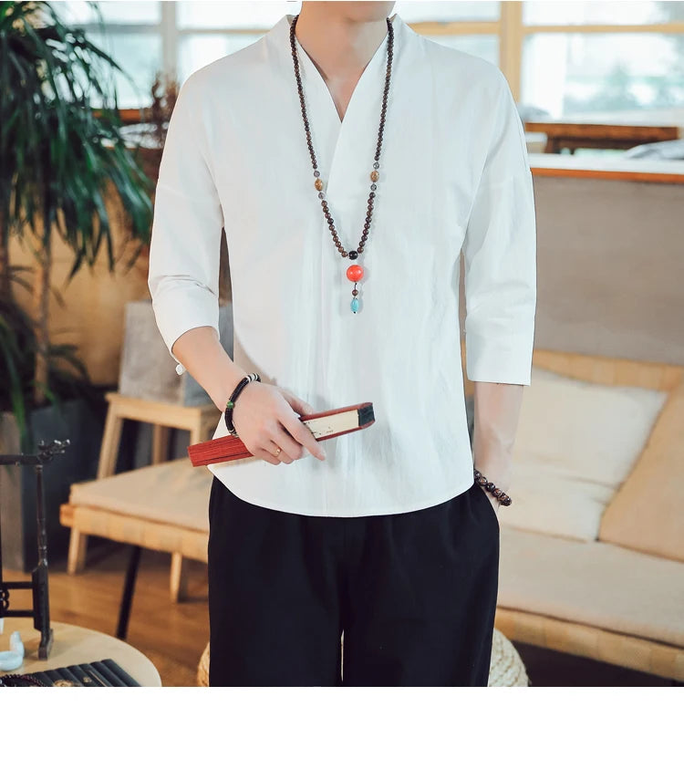 Summer Kimono Japanese Style Short Sleeve Men New Half-sleeved Cotton Linen Breathable Men Clothing T-shirt Japanese Yukata Tops