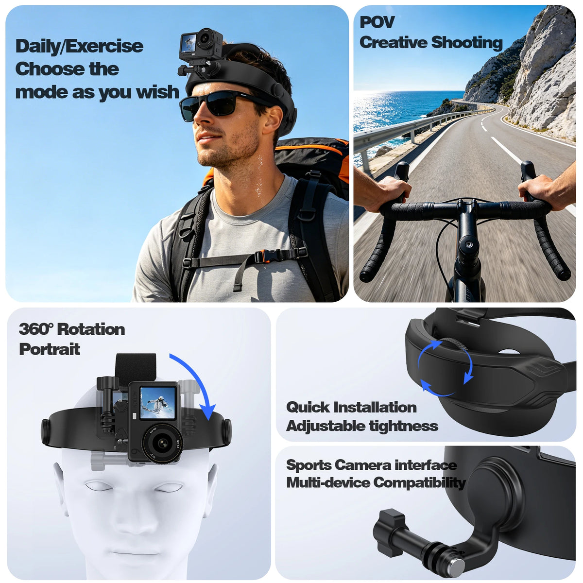 Adjustable Head Strap Mount for DJI Action 6/5Pro/4/3, Osmo Nano/360, Insta360 X5, Phone - POV Camera Holder for Outdoor Sports