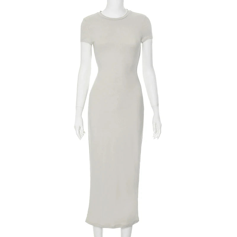 2025 Women Solid Color Slim Short Sleeve Casual Pullover Sumer Long Dress Skinny Sexy Daily Dress
