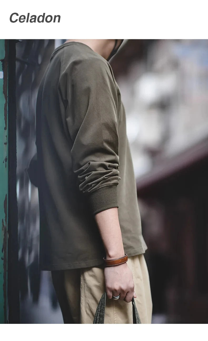 Maden 100% Cotton Loose Crew Neck Long Sleeve T-shirts Men's  230g Thin Breathable Tee Shirt Basic Solid Color Oversized Tops