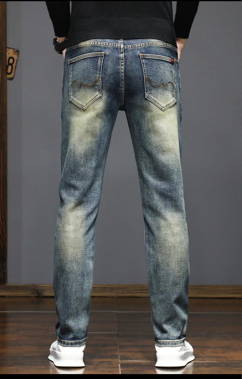 High-quality American retro jeans men's 2025 autumn new micro-elastic popular wear-resistant wash slim straight pants