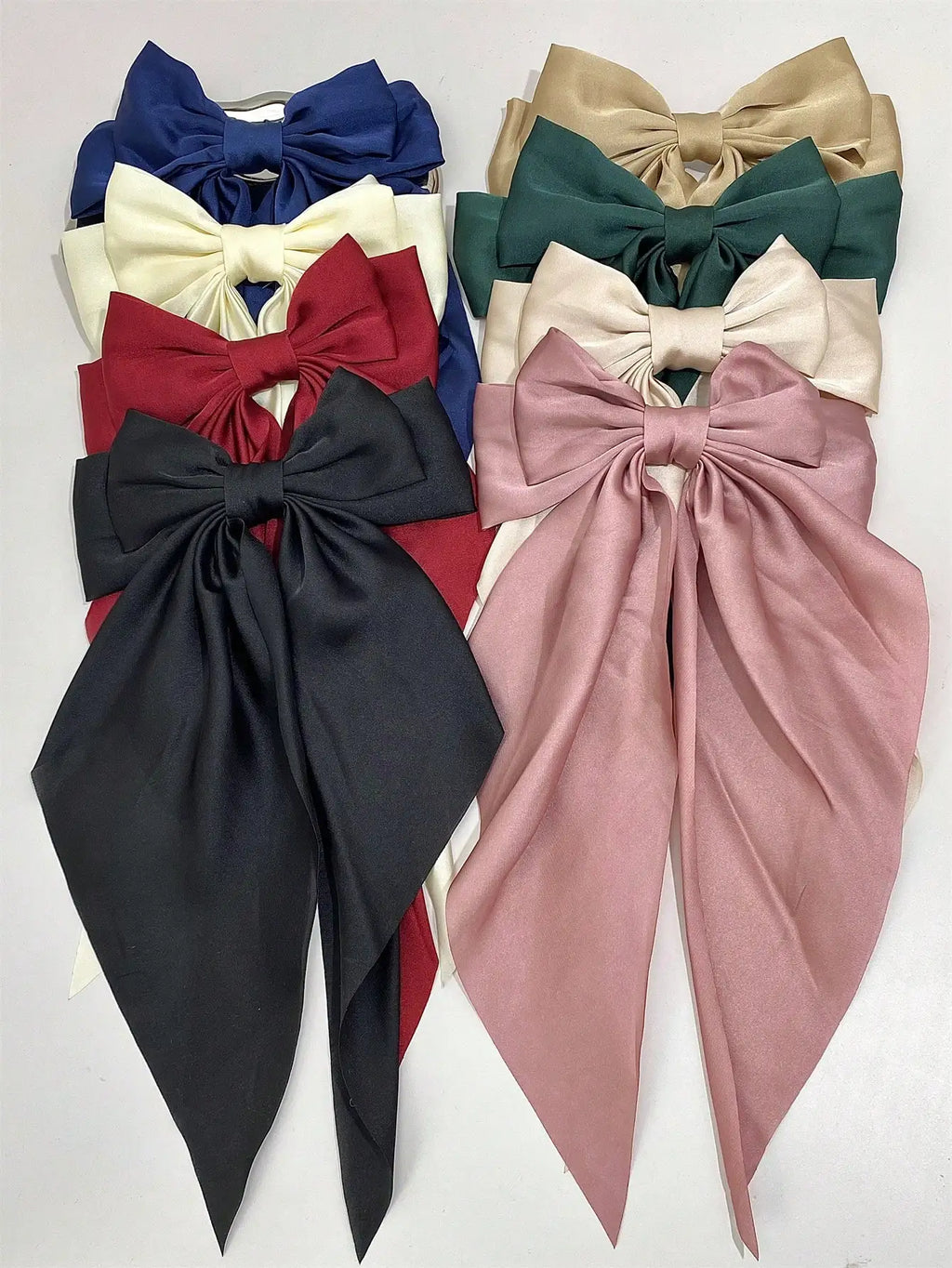 8 Ladies Satin Large White pink Red Blue Black Ribbon bow Oversized bow Long tail hair clip spring clip ponytail Hair accessorie