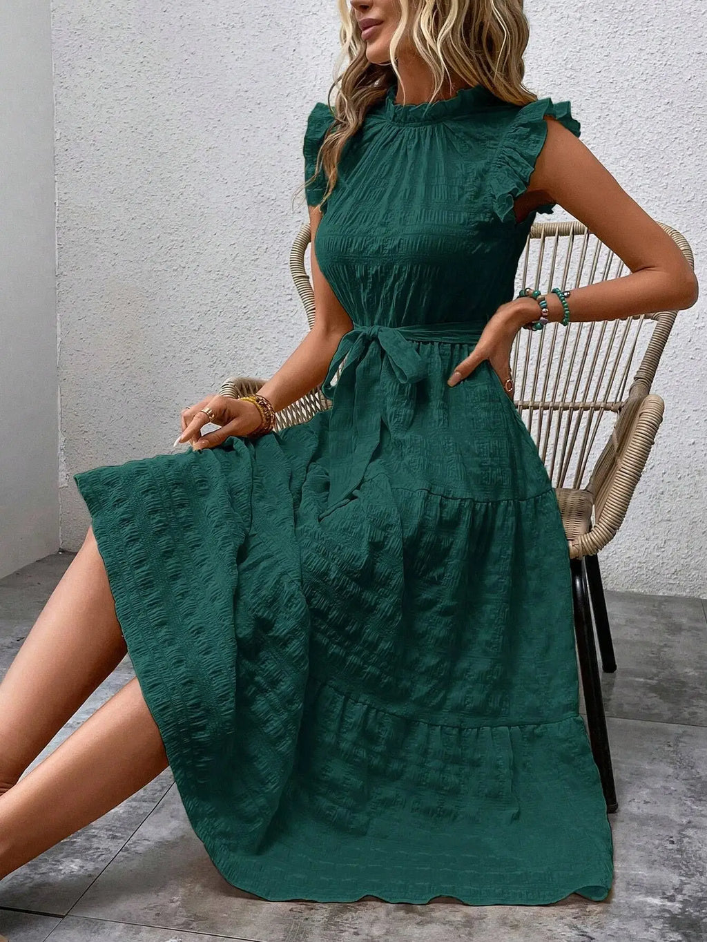 Elegant Women's Summer New Fashion Wooden Ear Edge Flying Sleeve Lace Up Texture Dress Purple  Sleeveless Lace Up Long Dresses