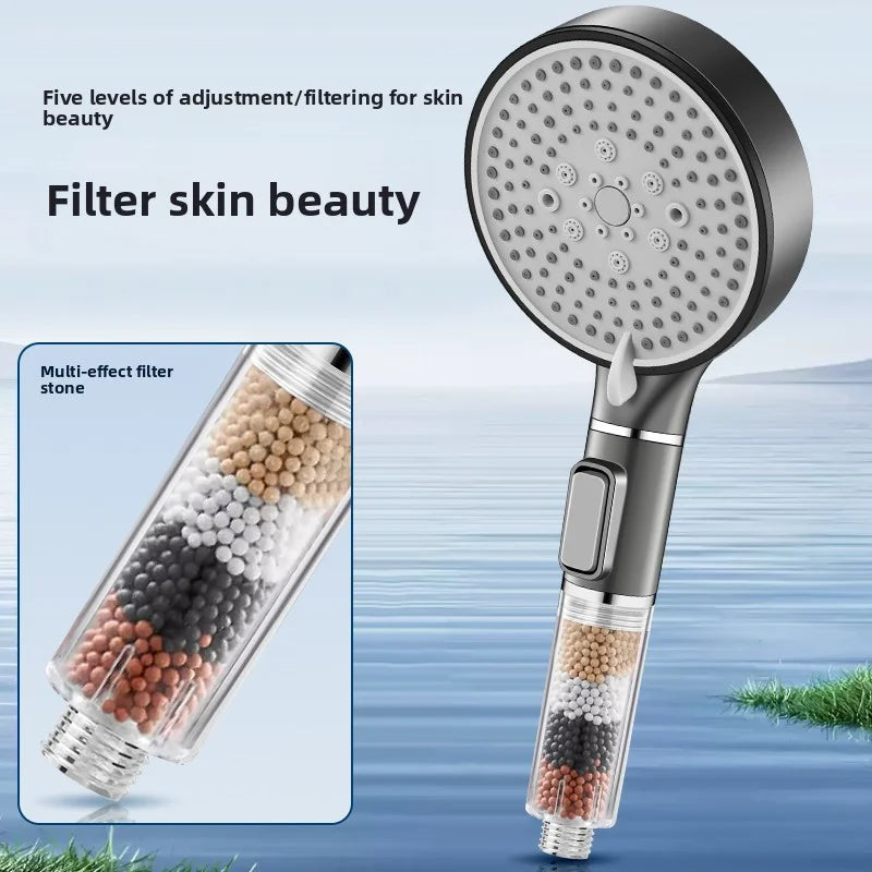 5-Mode High Pressure Filtered Shower Head - Gunmetal Gray, Multi-Effect Skin Care Stones, Adjustable Water Flow for Bathroom