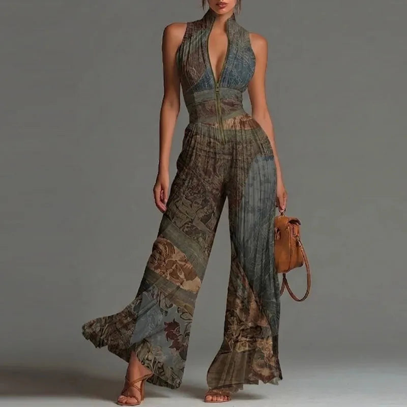 Sexy Deep V Neck Hollow Zip Jumpsuit Women's Spring Solid High Waist Wide Leg Romper Summer Sleeveless Pleated Vacation Overalls
