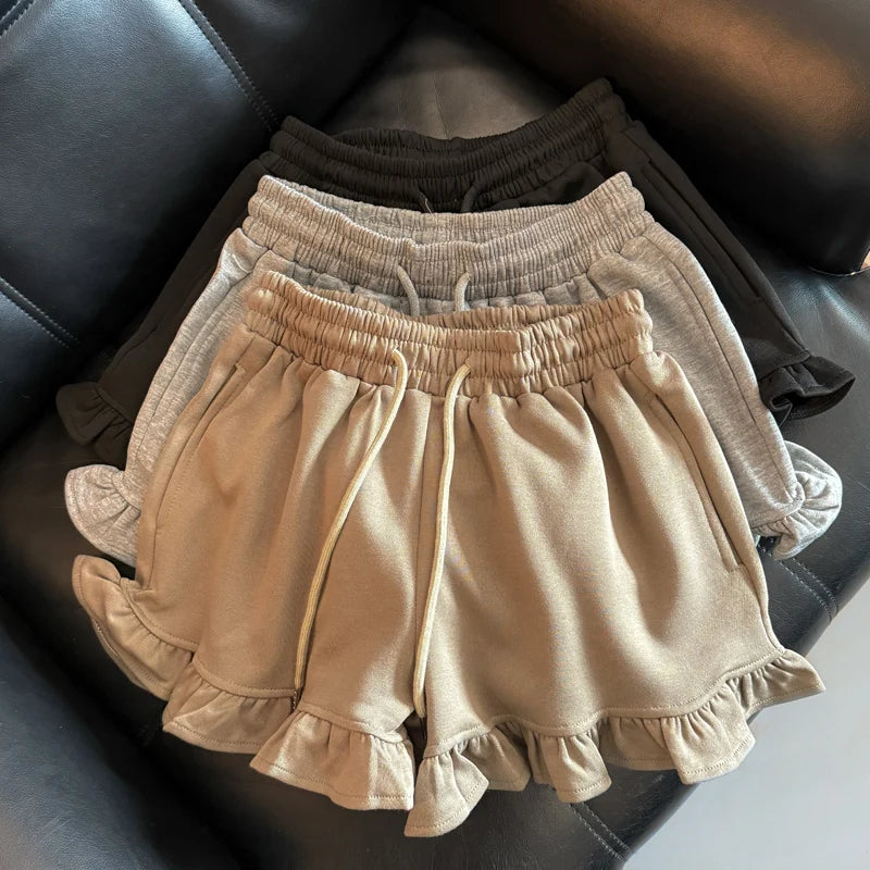 High Waist Wide Leg Casual Shorts Women Summer Korean Loose Versatile Wood Grain  Sports Beach Hot Pants Asymmetric Strai...