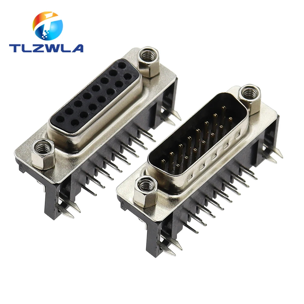 10Pcs Sample Black Male/Female DB15 DR15 D-Sub Right Angle Double Row Pins PCB Mount VGA Port Connector Socket With Screw Nuts