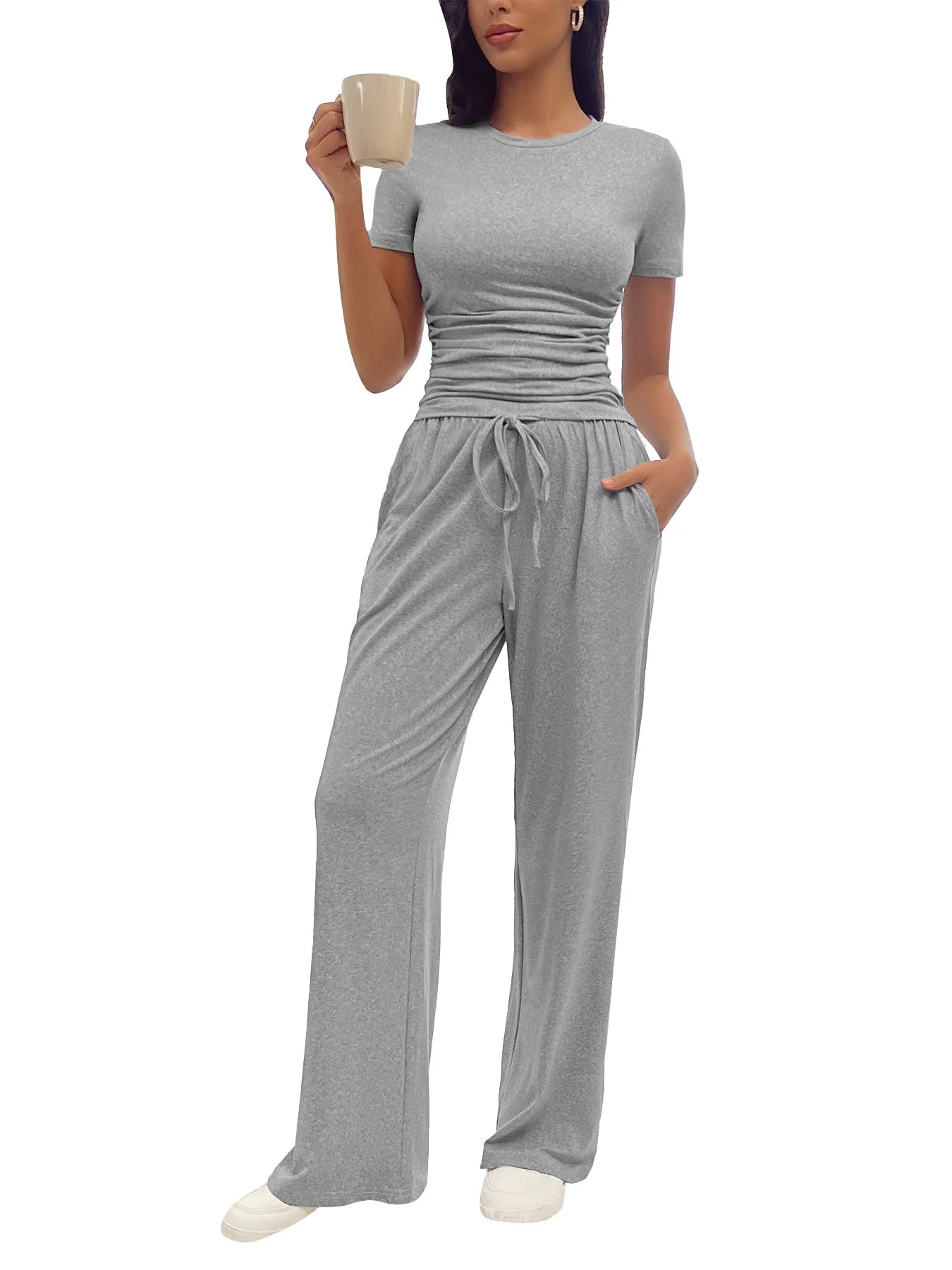 Women's Summer Solid Loose Casual Tracksuit Two Piece Set O Neck Short Sleeve T Shirt Wide Leg Pants Sportswear