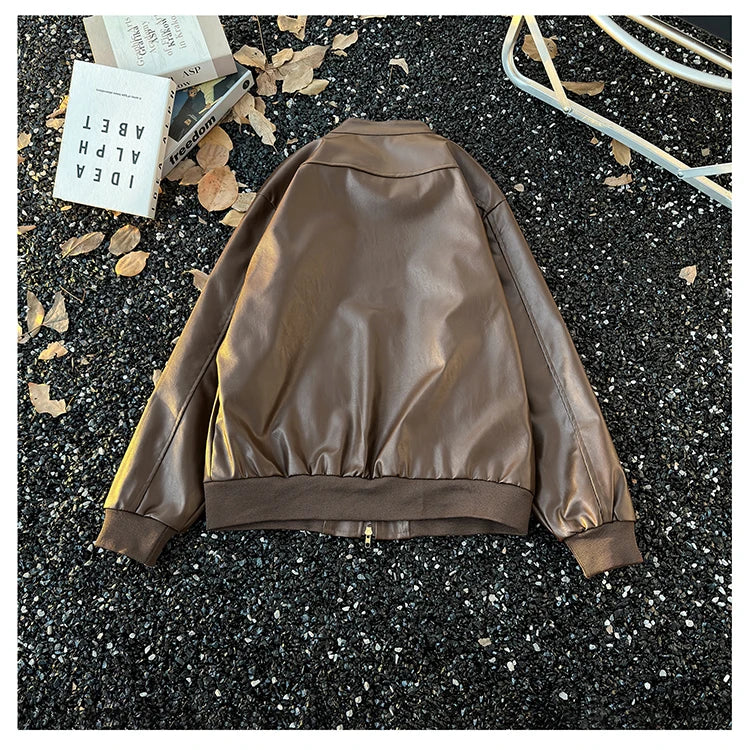 Men's Brown Leather Jacket American Retro Patchwork Striped Outerwear Youthful Style Summer Biker Coat Long Sleeve Zipper Clo...