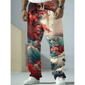 Men's Floral Sea Wave Japanese Art Print Casual Sweatpants Unisex Wide Leg Pants Chic Hipster Summer Trousers Homme Clothing
