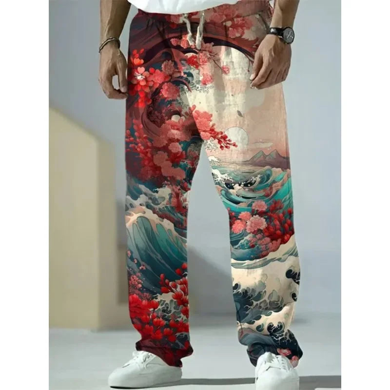 Men's Floral Sea Wave Japanese Art Print Casual Sweatpants Unisex Wide Leg Pants Chic Hipster Summer Trousers Homme Clothing