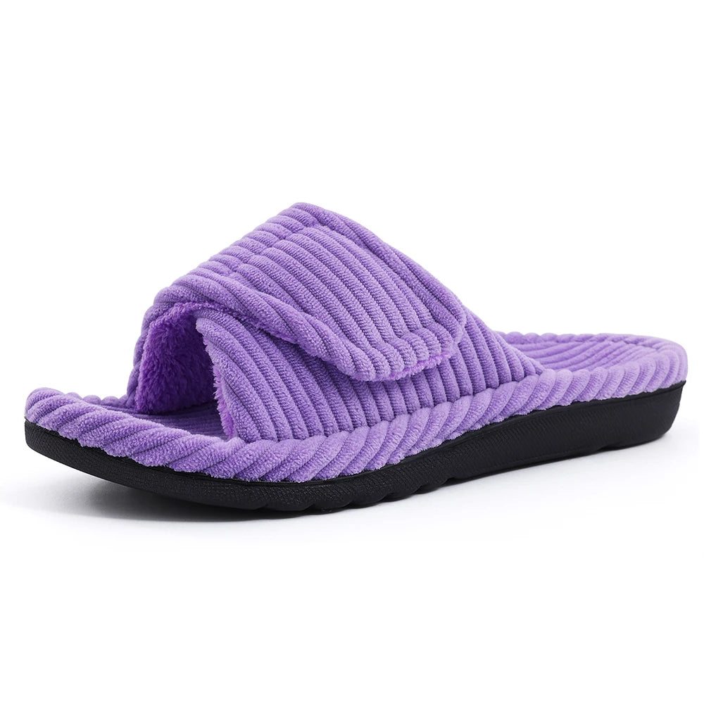 Shevalues Women's Fuzzy Warm Slippers Comfy Open Toe Sandals Memory Foam Indoor Bedroom Slides Rubber Sole House Shoes For Women