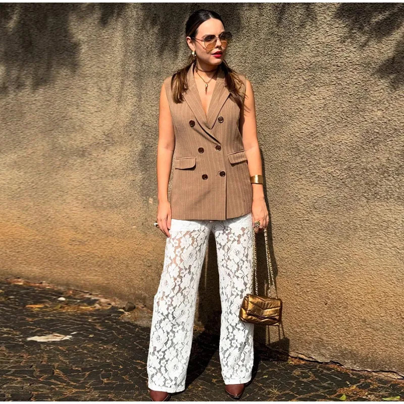 Sheer Floral Lace Tie Balloon Trousers High Waist 2026 Spring/Autumn Elegant Women Bottoms Fashion Chic Holiday Versatile Pants