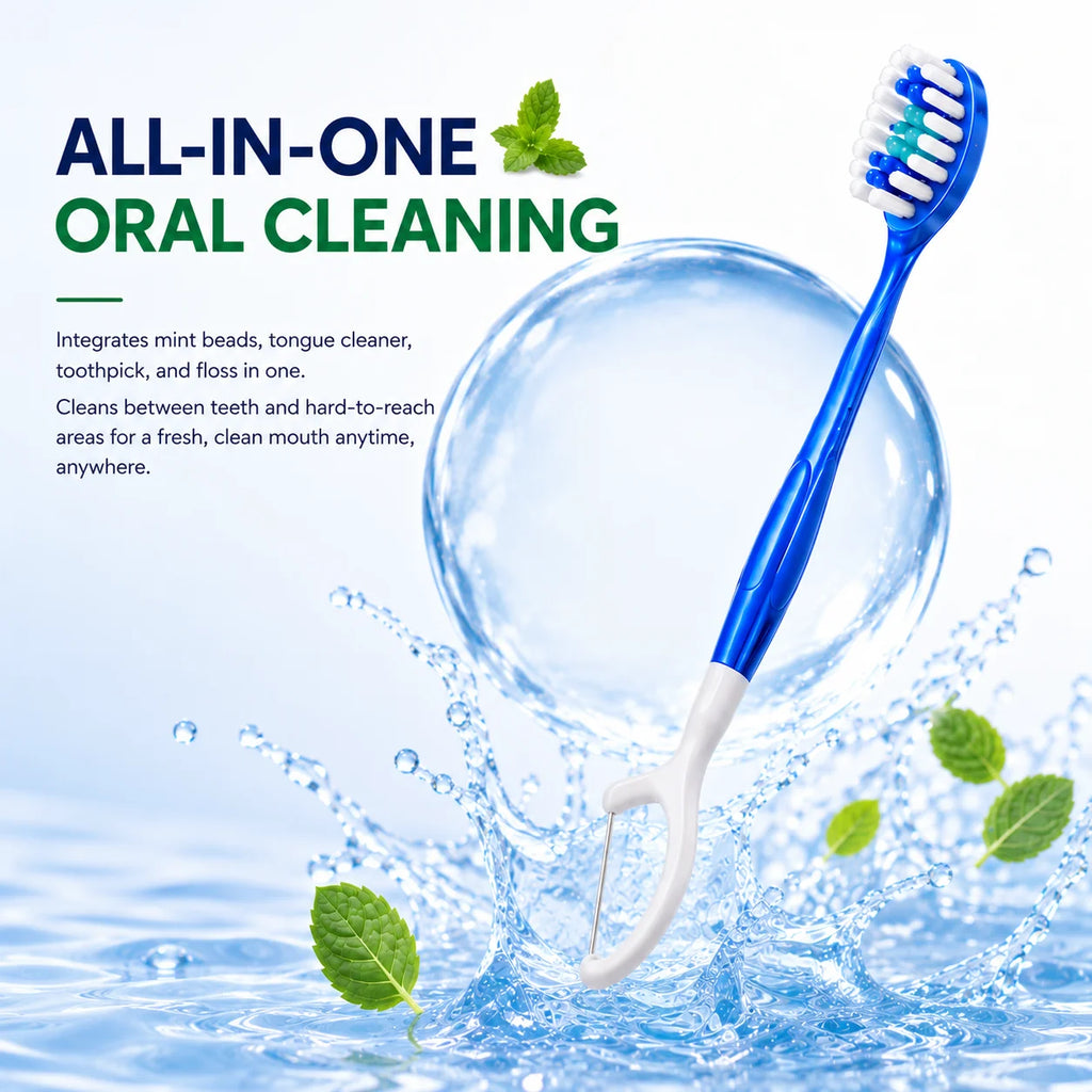 5-in-1 Disposable Travel Toothbrush 12Pcs Mint,Individually Wrapped Soft Brush with Toothpaste Floss Pick Tongue Scraper