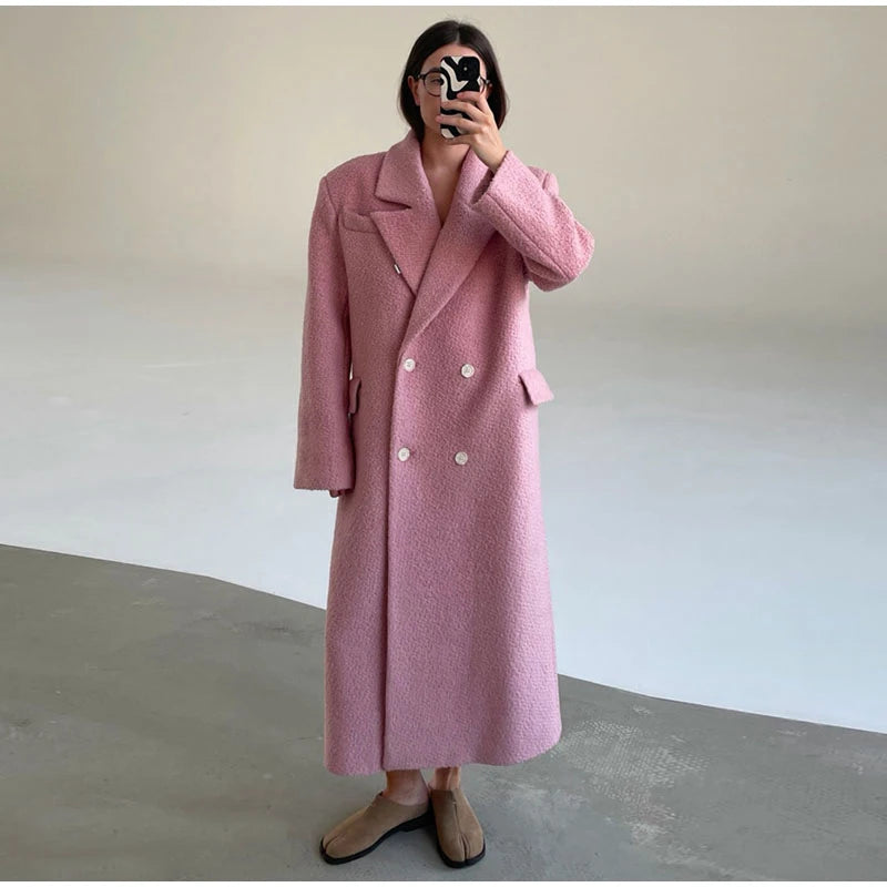 Women's Long Overcoats Lapel Full Sleeve Oversized Woolen Coats Autumn Female Double Breasted Solid Loose Jackets New Outerwears