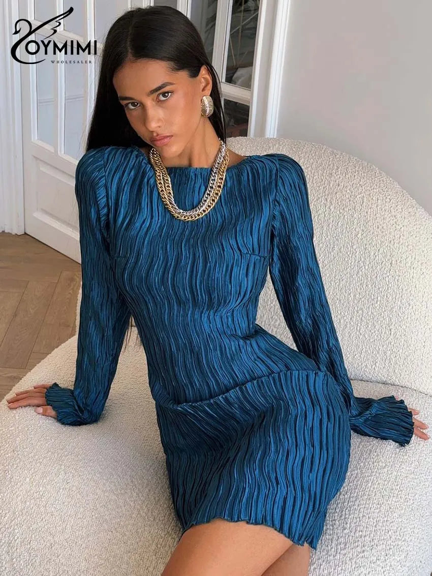 Oymimi Elegant Brown Pleated Women's Dress Fashion O-Neck Long Sleeve Slim Dresses Casual Straight Mini Dresses Female Clothing