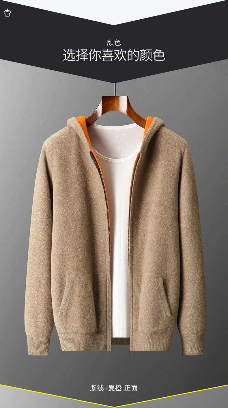 New Men's 100% Merino Wool Double Sided Wearable Hooded Sweater Casual Autumn Winter Coat Long Sleeved Men's Wool Sweater Tops