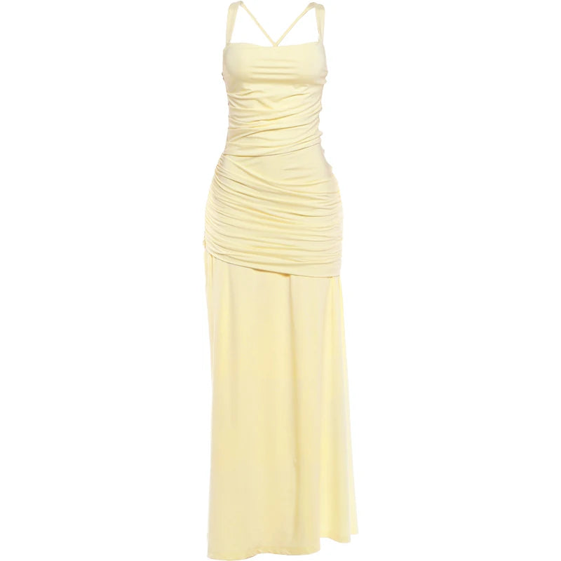 Sisterlinda Chic Elegant Backless Dress Women Folds Square Collar Low-Neck Sleeveless Birthday Party Solid Chic Banquet Vestidos