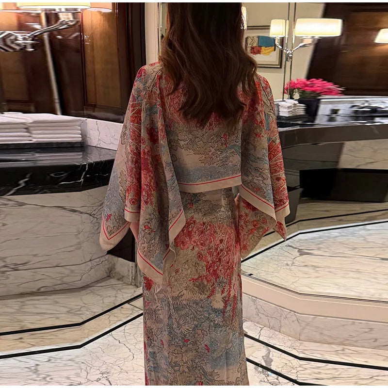 Women Floral Dress With Attached Shawl Cape Overlay Waisted Bodycon Maxi Dresses Fashion Elegant Commute 2026 Summer Autumn Gown